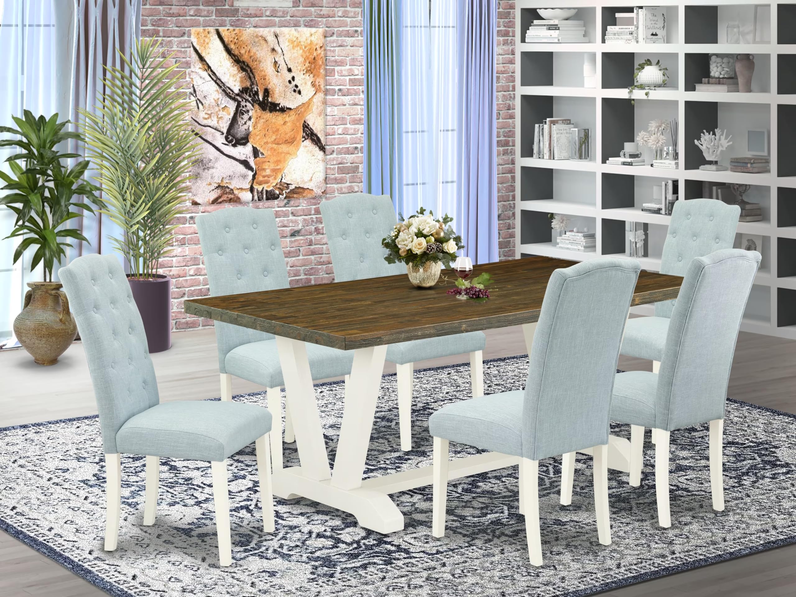 East West Furniture V077Ce215-7 7 Piece Dining Set Consist Of A Rectangle Dining Room Table With V-Legs And 6 Baby Blue Linen Fabric Upholstered Parson Chairs, 40X72 Inch, Multi-Color